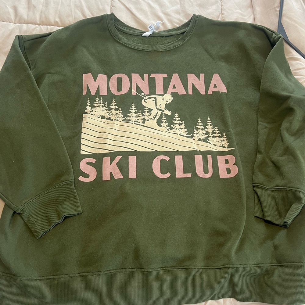 Green Crewneck Sweater with Pink Graphic Design